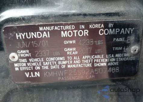 2002 Hyundai Sonata Gl z USA, uszkodzony, nr VIN KMHWF25S92A507468